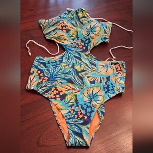 NWT Aerie Blue And Orange Halter Neck Cut Out Full Coverage One Piece UPF 50